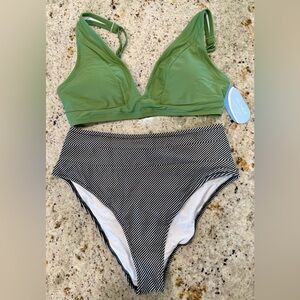 Green V-neck Bikini Top and Black Striped Highwaisted Bottoms NWT